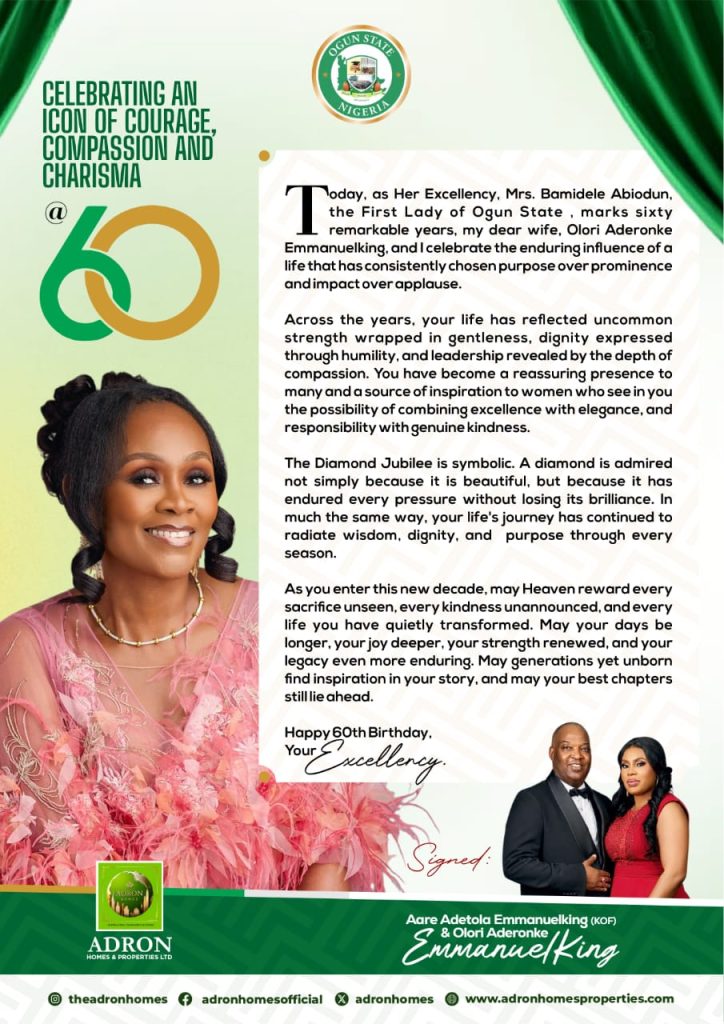 60TH BIRTHDAY: Adron Group Chairman Pays Glowing Tribute To Ogun First Lady