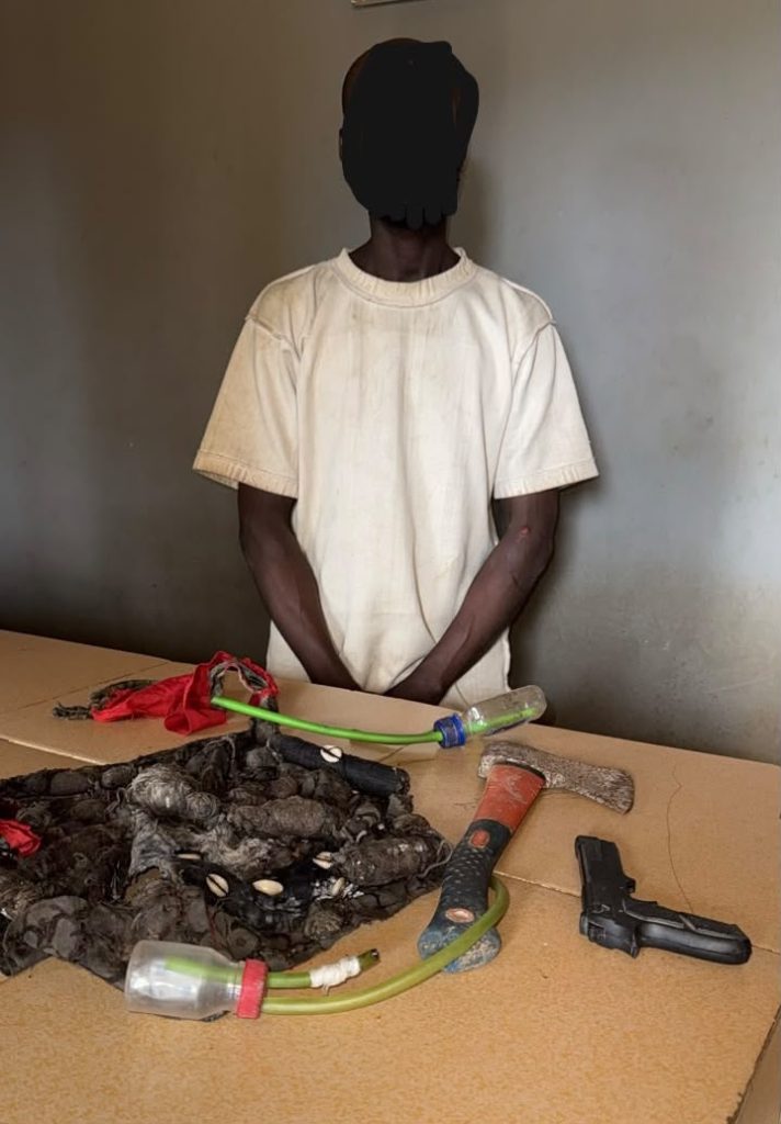 POLICE ARREST SUSPECTED CULTIST, RECOVERS RUBBER-MADE PISTOL, AXE, CHARMS AND ILLICIT DRUG